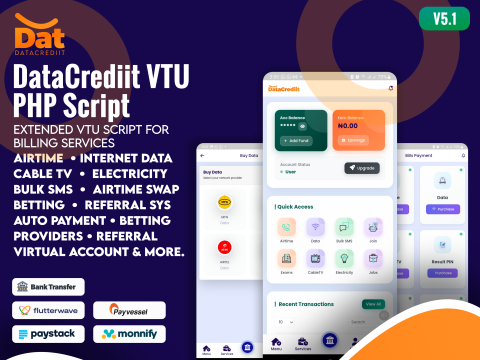 DataCrediit VTU Script v5.1 - Advanced Global Billing System