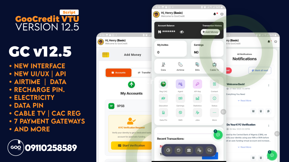 GooCredit VTU Script v12.5 – Best VTU Software for Airtime, Data, Bills & Auto Bank System